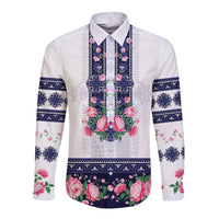 Navy Romanian National Costume Long Sleeve Button Shirt Peony Flowers Traditional Folk Pattern - Wonder Print Shop