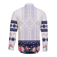 Navy Romanian National Costume Long Sleeve Button Shirt Peony Flowers Traditional Folk Pattern - Wonder Print Shop