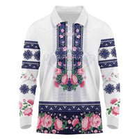 Navy Romanian National Costume Long Sleeve Polo Shirt Peony Flowers Traditional Folk Pattern - Wonder Print Shop