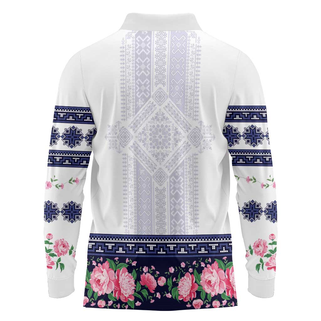 Navy Romanian National Costume Long Sleeve Polo Shirt Peony Flowers Traditional Folk Pattern - Wonder Print Shop