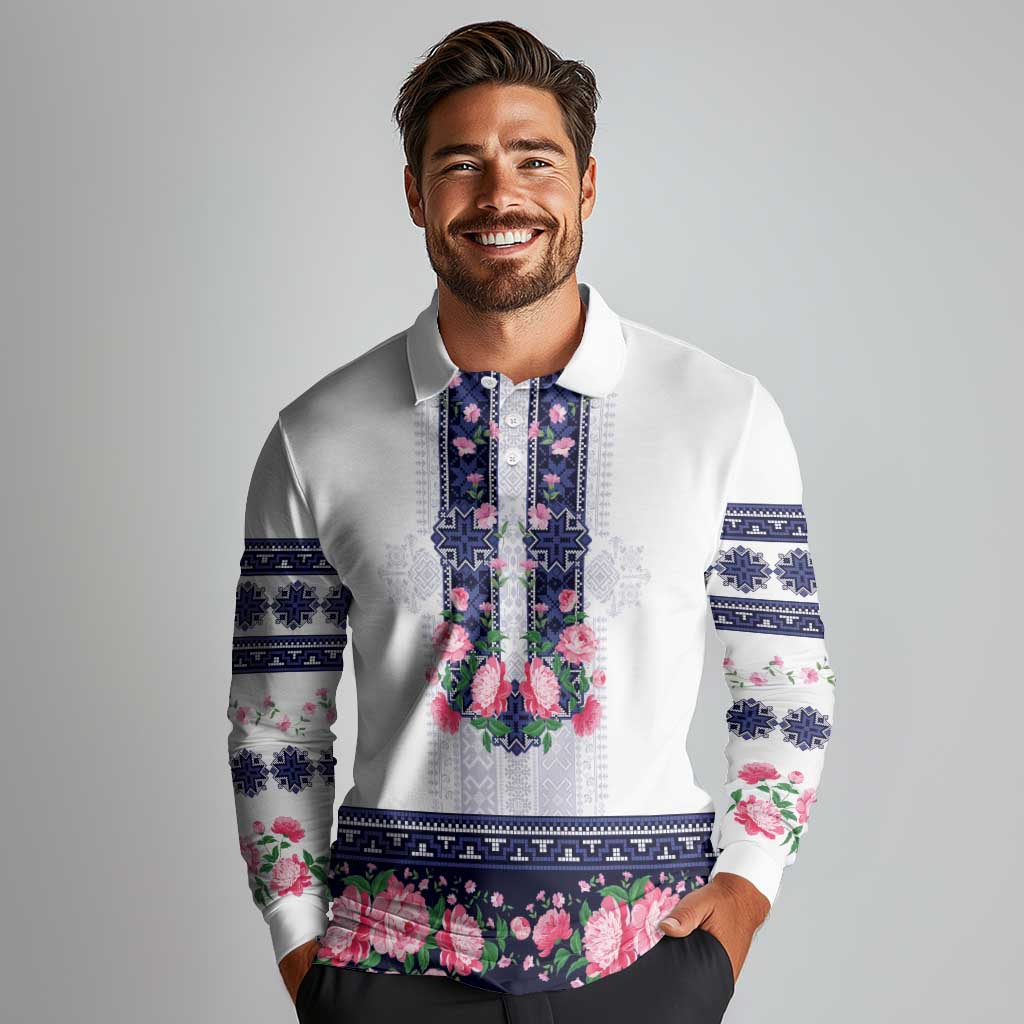 Navy Romanian National Costume Long Sleeve Polo Shirt Peony Flowers Traditional Folk Pattern - Wonder Print Shop