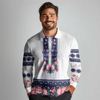 Navy Romanian National Costume Long Sleeve Polo Shirt Peony Flowers Traditional Folk Pattern - Wonder Print Shop