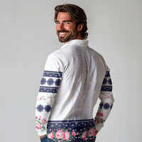 Navy Romanian National Costume Long Sleeve Polo Shirt Peony Flowers Traditional Folk Pattern - Wonder Print Shop
