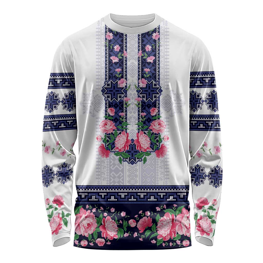Navy Romanian National Costume Long Sleeve Shirt Peony Flowers Traditional Folk Pattern - Wonder Print Shop