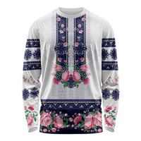Navy Romanian National Costume Long Sleeve Shirt Peony Flowers Traditional Folk Pattern - Wonder Print Shop