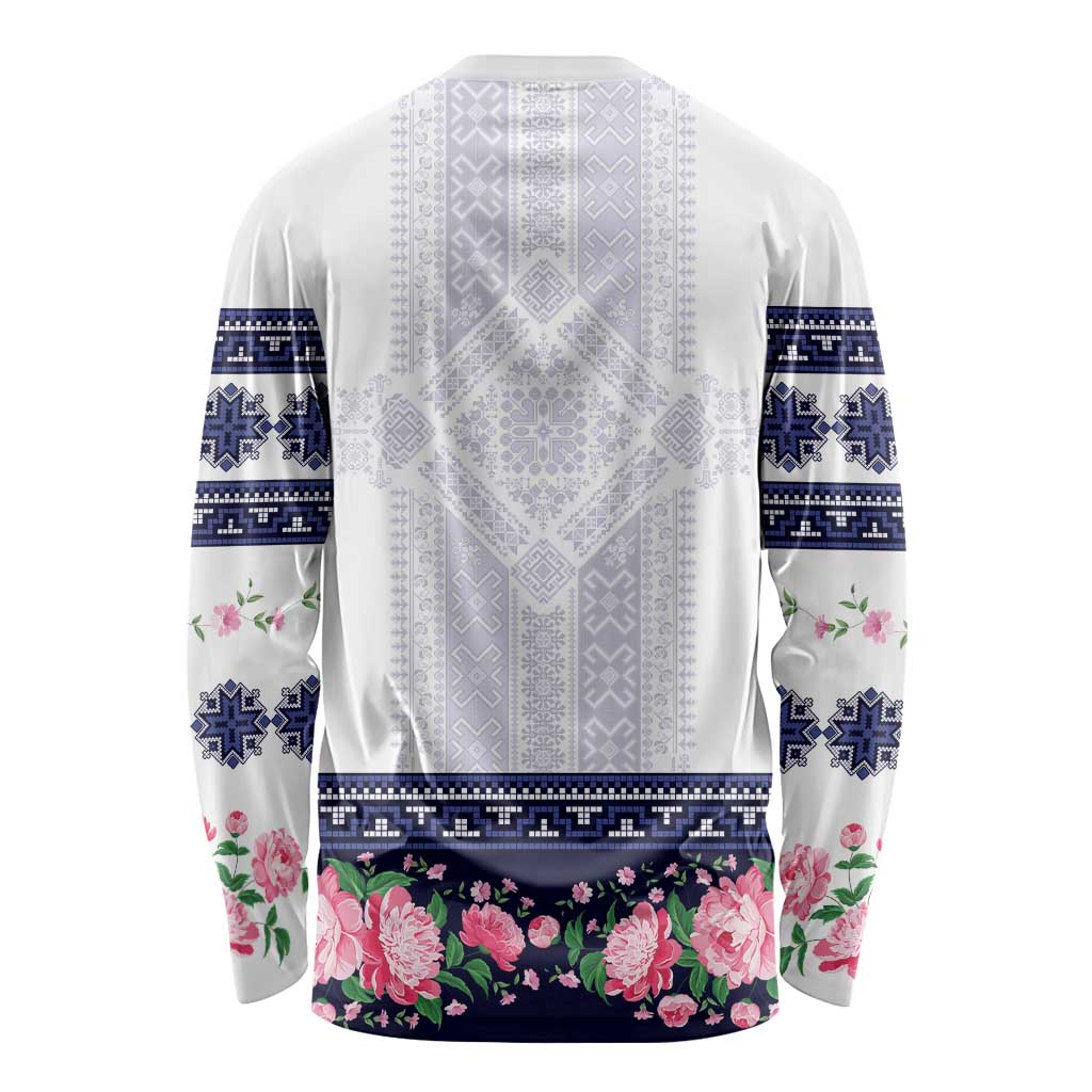 Navy Romanian National Costume Long Sleeve Shirt Peony Flowers Traditional Folk Pattern - Wonder Print Shop