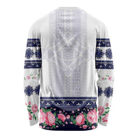 Navy Romanian National Costume Long Sleeve Shirt Peony Flowers Traditional Folk Pattern - Wonder Print Shop
