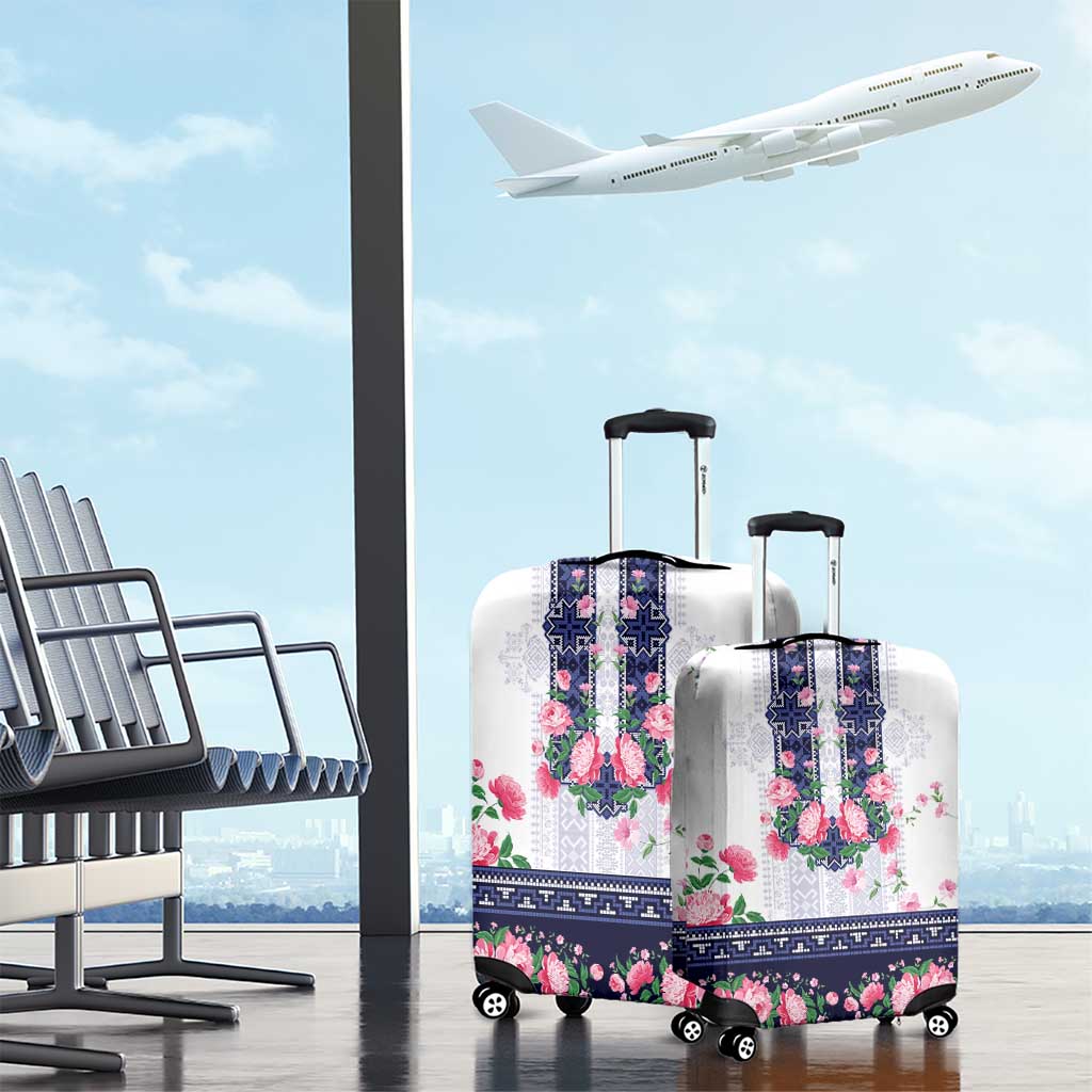 Navy Romanian National Costume Luggage Cover Peony Flowers Traditional Folk Pattern - Wonder Print Shop