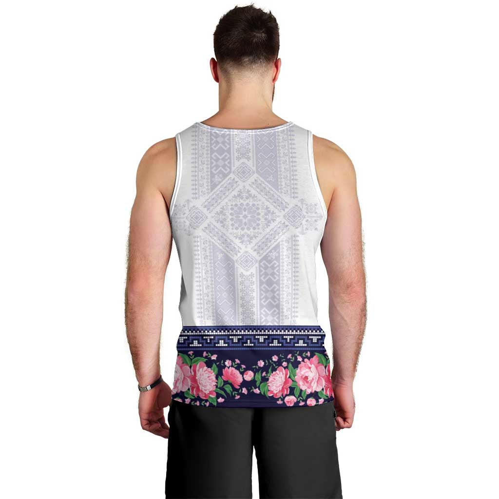 Navy Romanian National Costume Men Tank Top Peony Flowers Traditional Folk Pattern - Wonder Print Shop