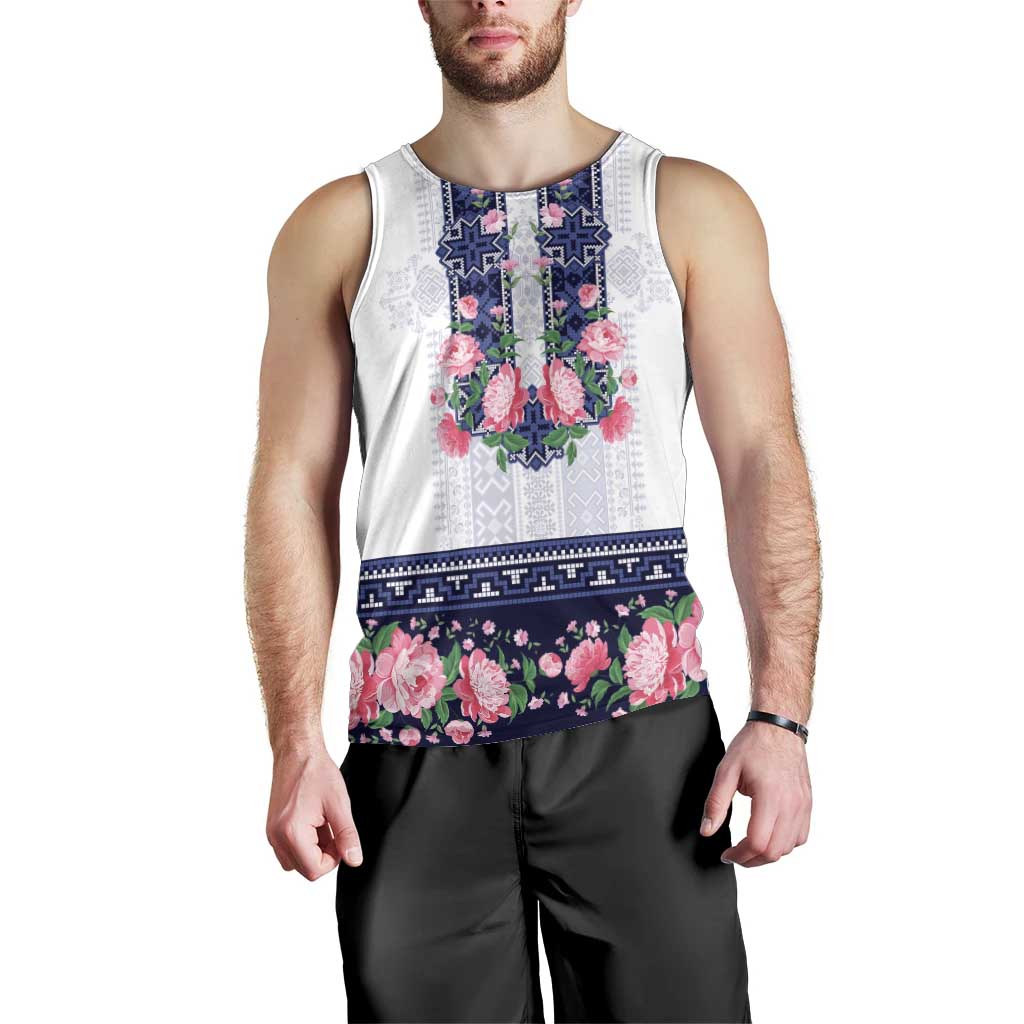 Navy Romanian National Costume Men Tank Top Peony Flowers Traditional Folk Pattern - Wonder Print Shop