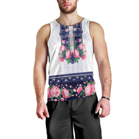 Navy Romanian National Costume Men Tank Top Peony Flowers Traditional Folk Pattern - Wonder Print Shop