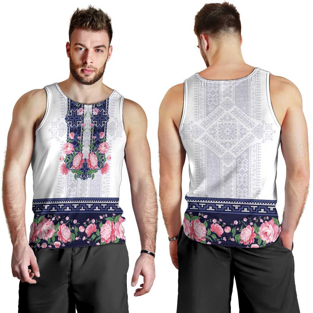 Navy Romanian National Costume Men Tank Top Peony Flowers Traditional Folk Pattern - Wonder Print Shop