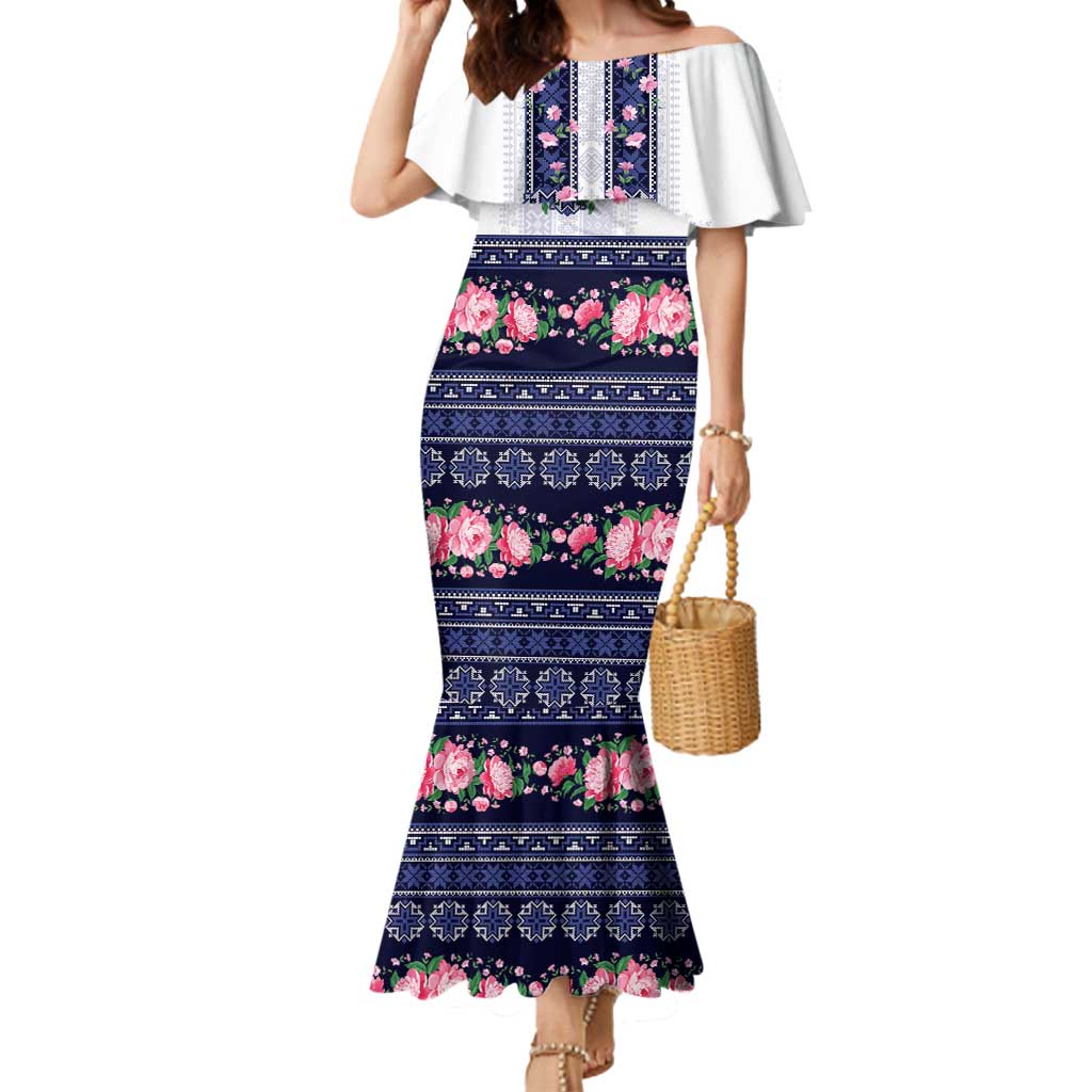Navy Romanian National Costume Mermaid Dress Peony Flowers Traditional Folk Pattern - Wonder Print Shop