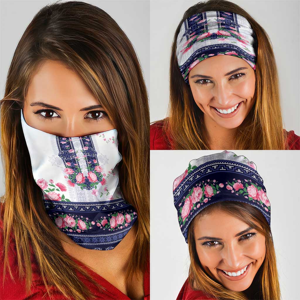 Navy Romanian National Costume Neck Gaiter Peony Flowers Traditional Folk Pattern - Wonder Print Shop