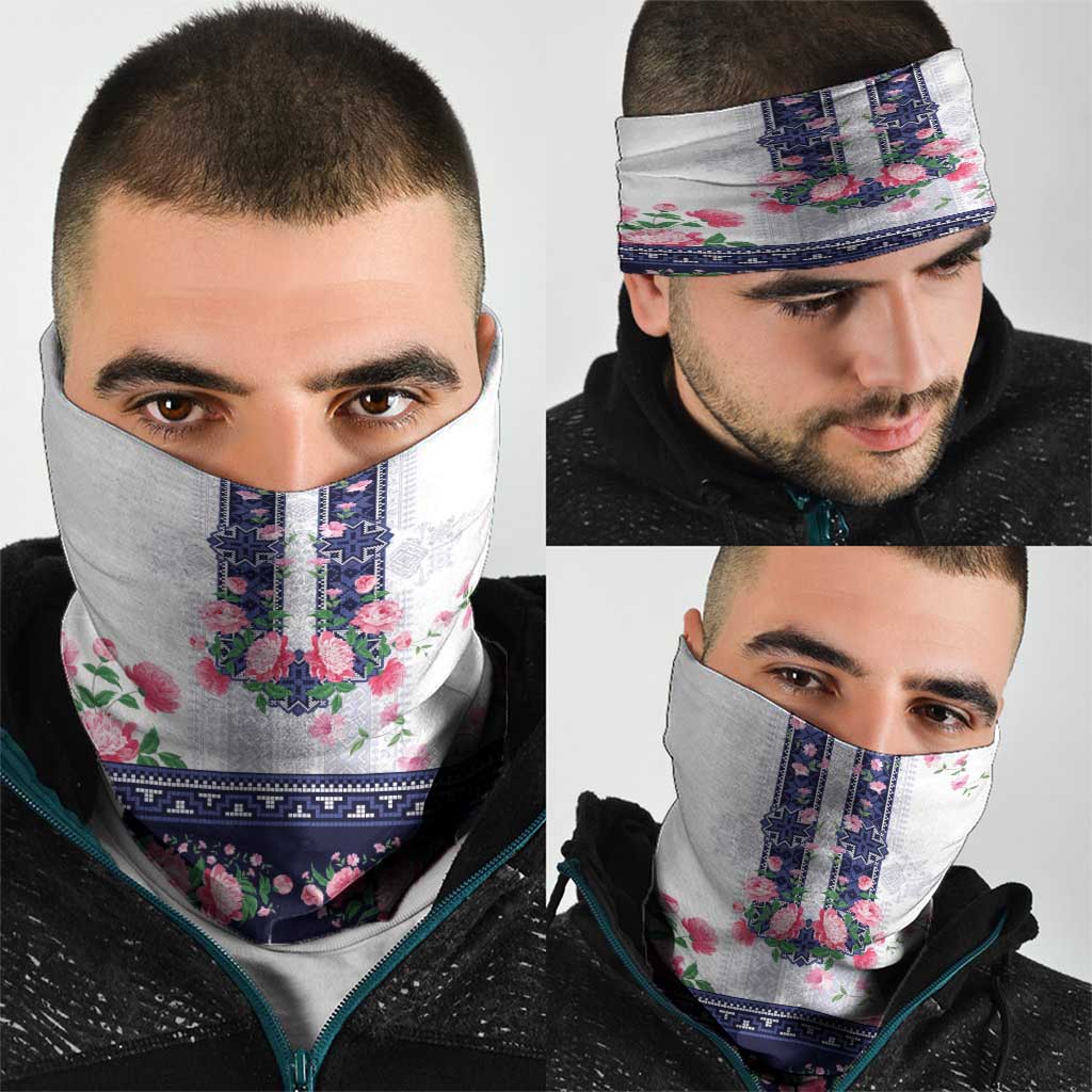 Navy Romanian National Costume Neck Gaiter Peony Flowers Traditional Folk Pattern - Wonder Print Shop