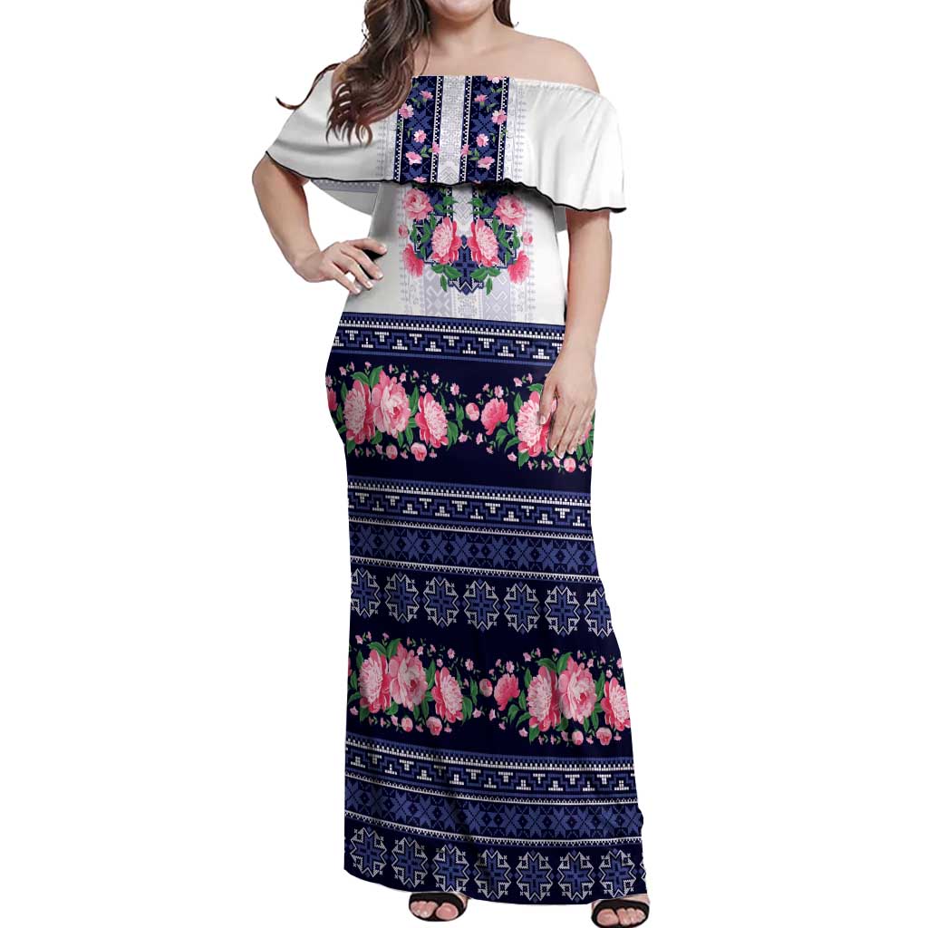 Navy Romanian National Costume Off Shoulder Maxi Dress Peony Flowers Traditional Folk Pattern - Wonder Print Shop