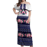 Navy Romanian National Costume Off Shoulder Maxi Dress Peony Flowers Traditional Folk Pattern - Wonder Print Shop