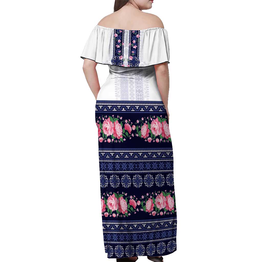 Navy Romanian National Costume Off Shoulder Maxi Dress Peony Flowers Traditional Folk Pattern - Wonder Print Shop