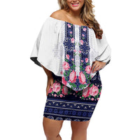 Navy Romanian National Costume Off Shoulder Short Dress Peony Flowers Traditional Folk Pattern - Wonder Print Shop