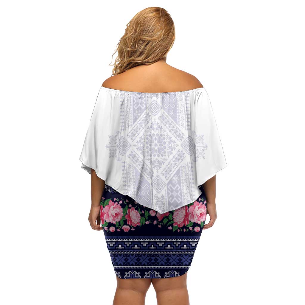 Navy Romanian National Costume Off Shoulder Short Dress Peony Flowers Traditional Folk Pattern - Wonder Print Shop