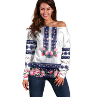 Navy Romanian National Costume Off Shoulder Sweater Peony Flowers Traditional Folk Pattern - Wonder Print Shop