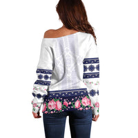Navy Romanian National Costume Off Shoulder Sweater Peony Flowers Traditional Folk Pattern - Wonder Print Shop