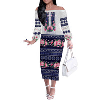 Navy Romanian National Costume Off The Shoulder Long Sleeve Dress Peony Flowers Traditional Folk Pattern - Wonder Print Shop