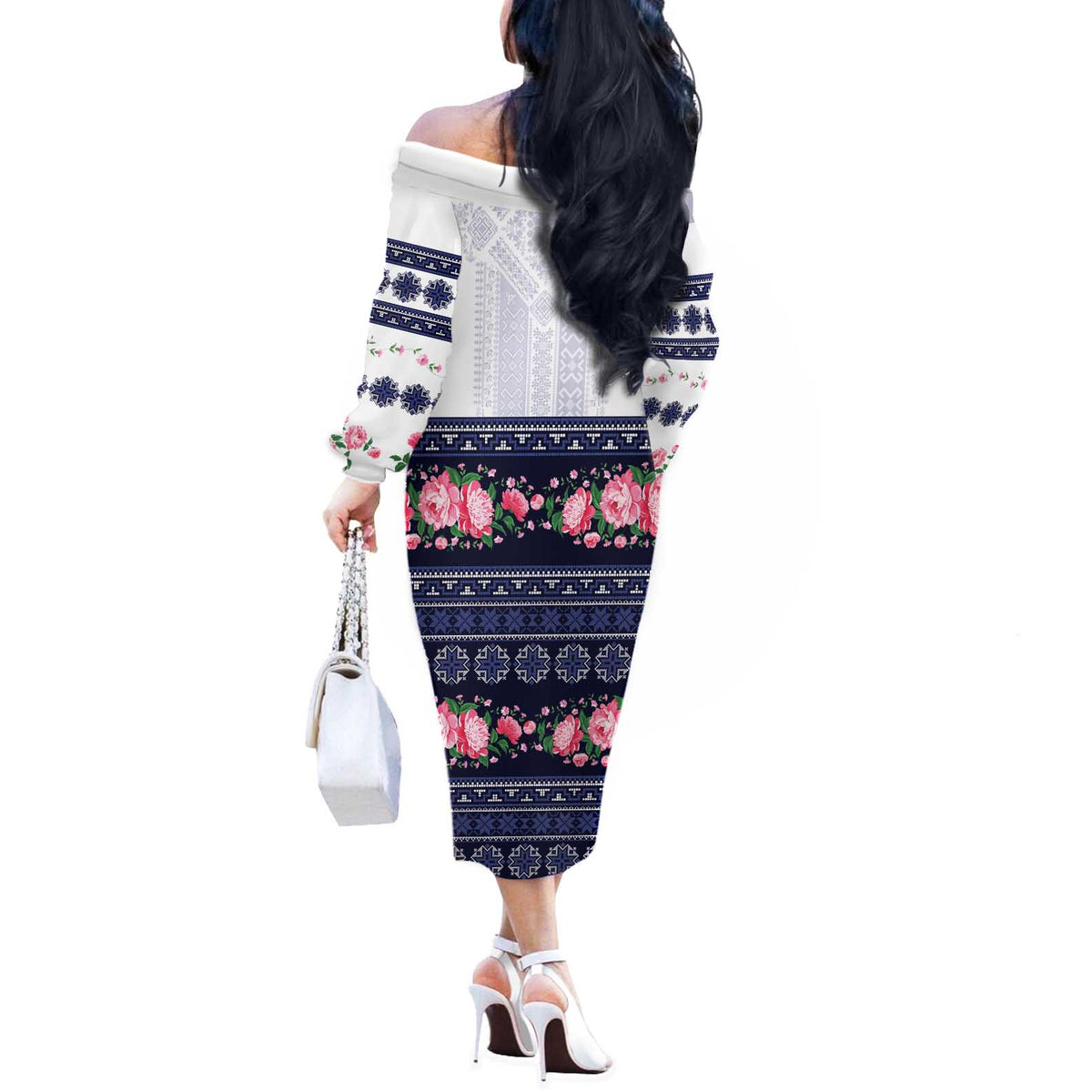 Navy Romanian National Costume Off The Shoulder Long Sleeve Dress Peony Flowers Traditional Folk Pattern - Wonder Print Shop