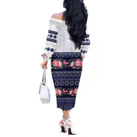 Navy Romanian National Costume Off The Shoulder Long Sleeve Dress Peony Flowers Traditional Folk Pattern - Wonder Print Shop