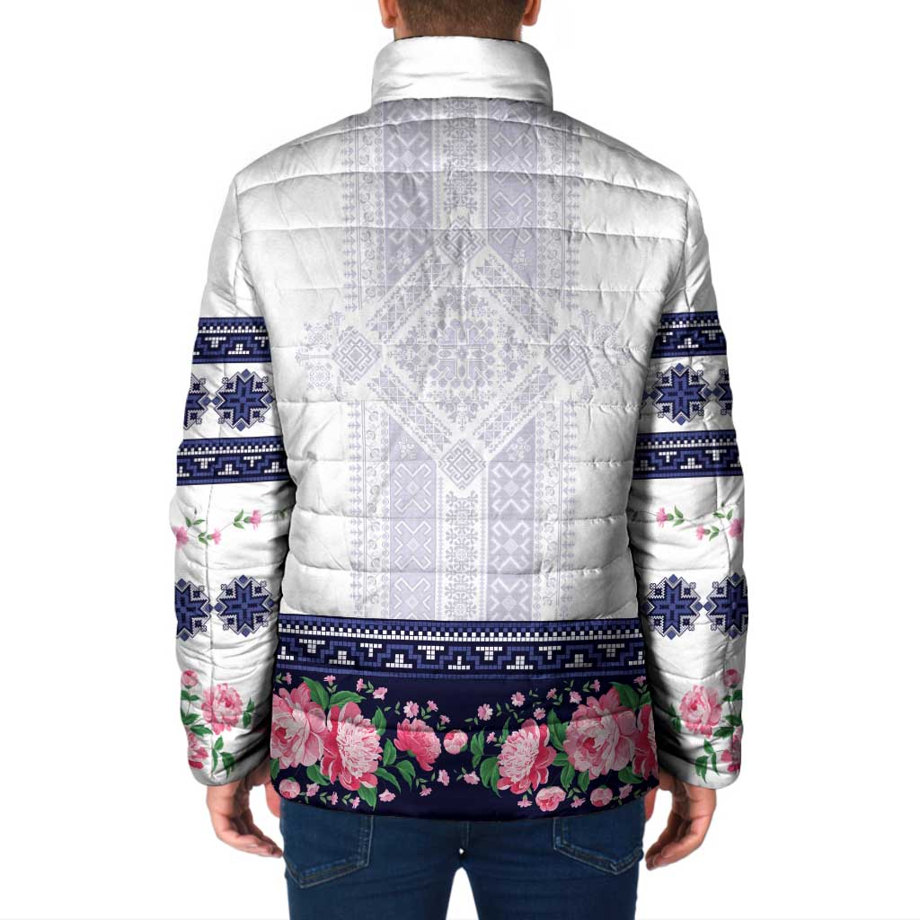 Navy Romanian National Costume Padded Jacket Peony Flowers Traditional Folk Pattern - Wonder Print Shop