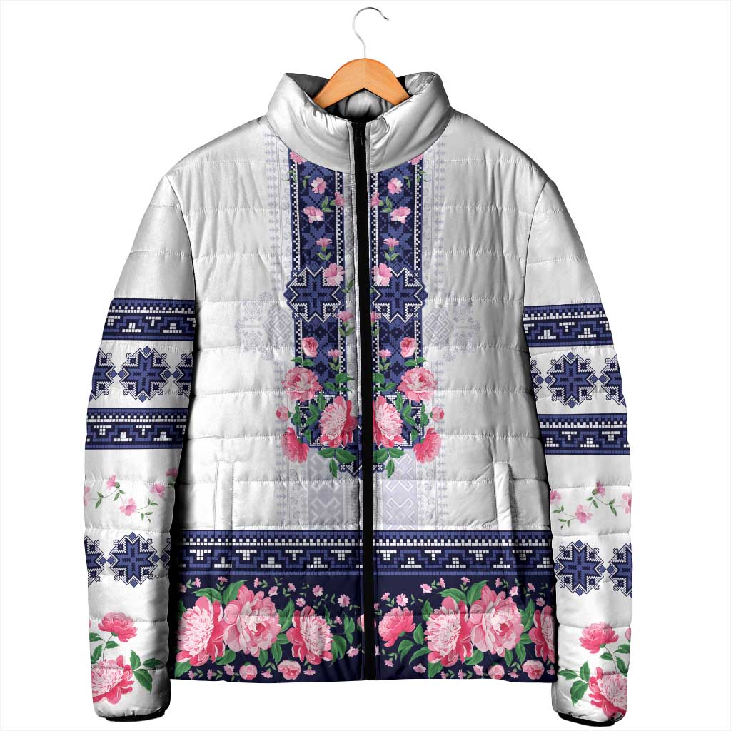 Navy Romanian National Costume Padded Jacket Peony Flowers Traditional Folk Pattern - Wonder Print Shop