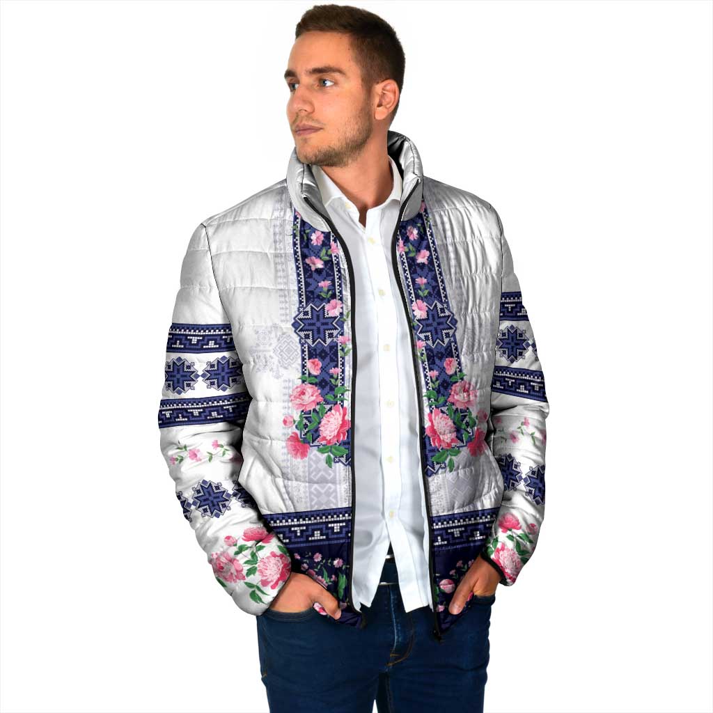 Navy Romanian National Costume Padded Jacket Peony Flowers Traditional Folk Pattern - Wonder Print Shop