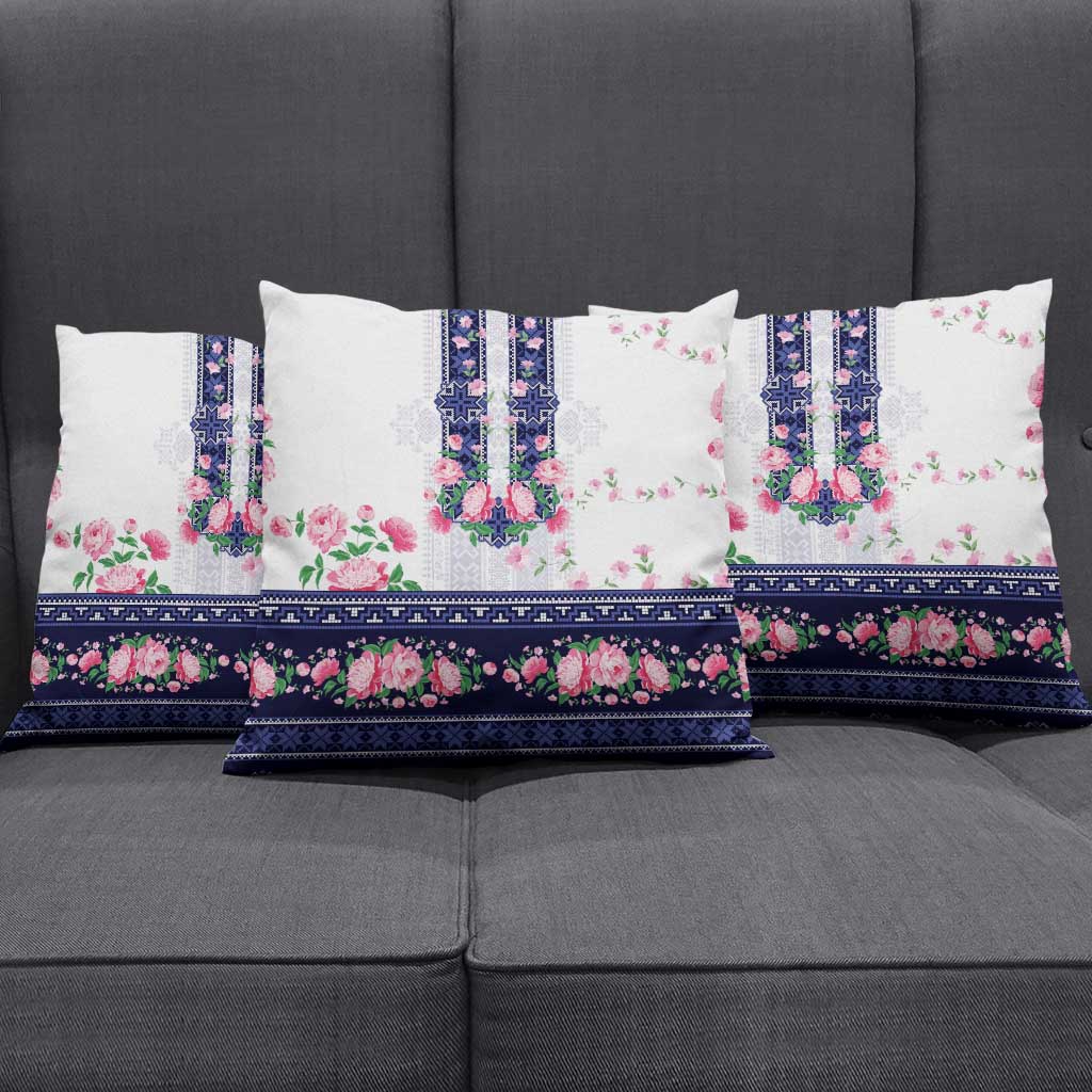Navy Romanian National Costume Pillow Cover Peony Flowers Traditional Folk Pattern - Wonder Print Shop