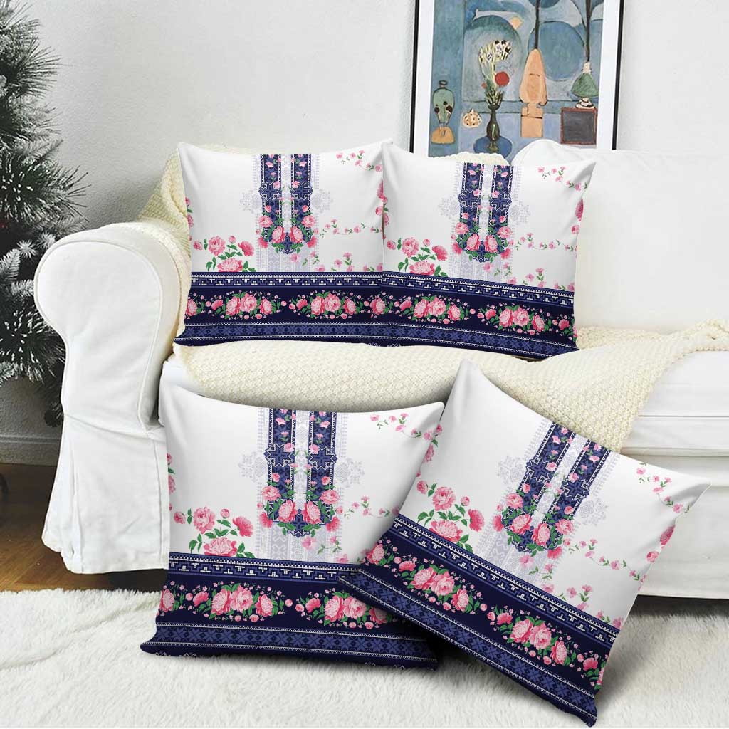 Navy Romanian National Costume Pillow Cover Peony Flowers Traditional Folk Pattern - Wonder Print Shop