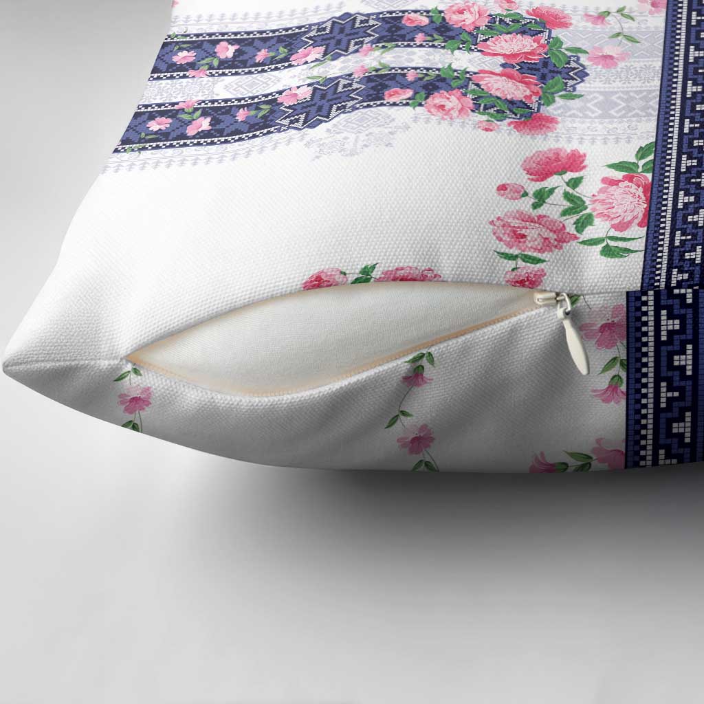 Navy Romanian National Costume Pillow Cover Peony Flowers Traditional Folk Pattern - Wonder Print Shop