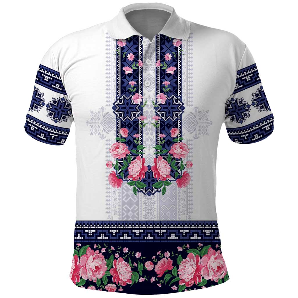Navy Romanian National Costume Polo Shirt Peony Flowers Traditional Folk Pattern - Wonder Print Shop