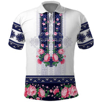 Navy Romanian National Costume Polo Shirt Peony Flowers Traditional Folk Pattern - Wonder Print Shop