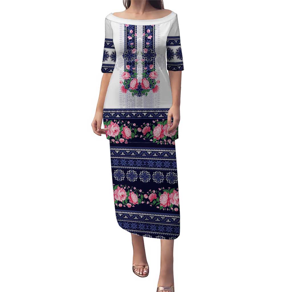 Navy Romanian National Costume Puletasi Peony Flowers Traditional Folk Pattern - Wonder Print Shop