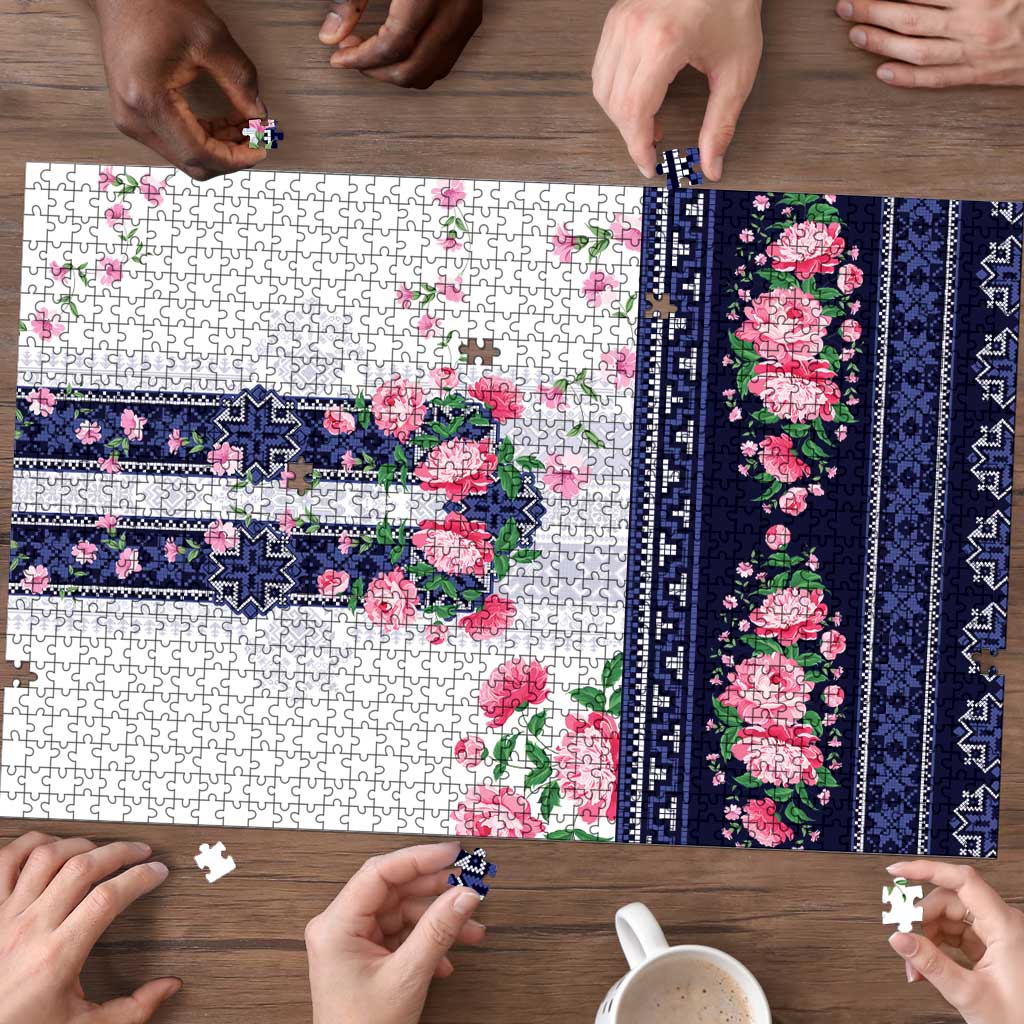 Navy Romanian National Costume Puzzle Peony Flowers Traditional Folk Pattern - Wonder Print Shop