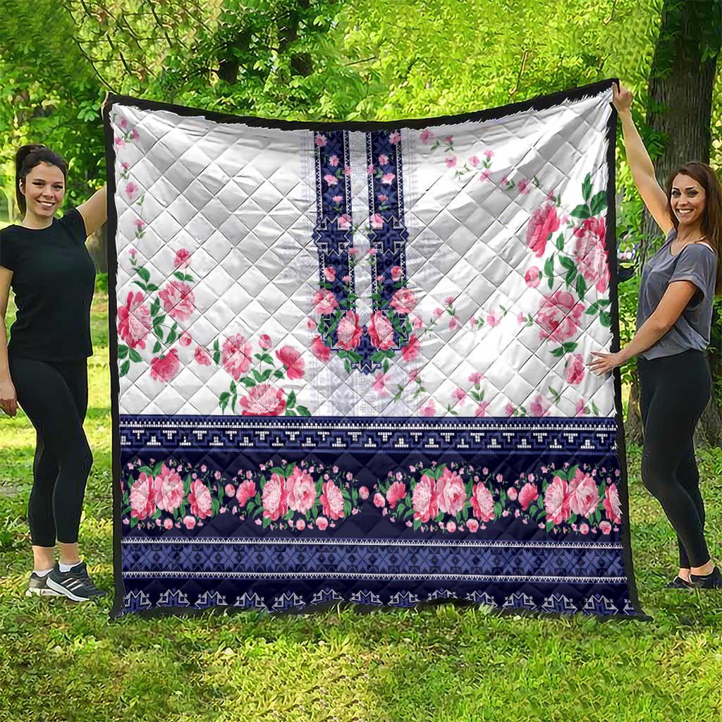 Navy Romanian National Costume Quilt Peony Flowers Traditional Folk Pattern - Wonder Print Shop