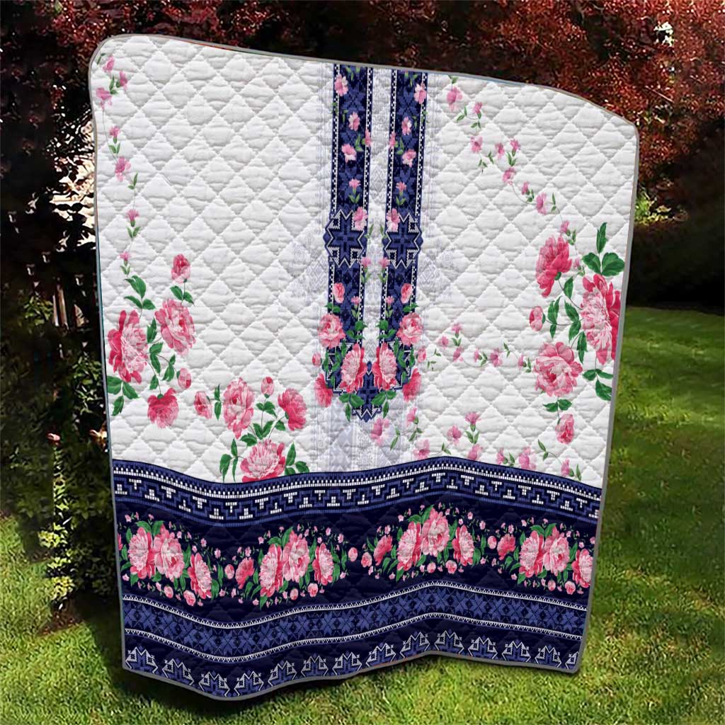 Navy Romanian National Costume Quilt Peony Flowers Traditional Folk Pattern - Wonder Print Shop