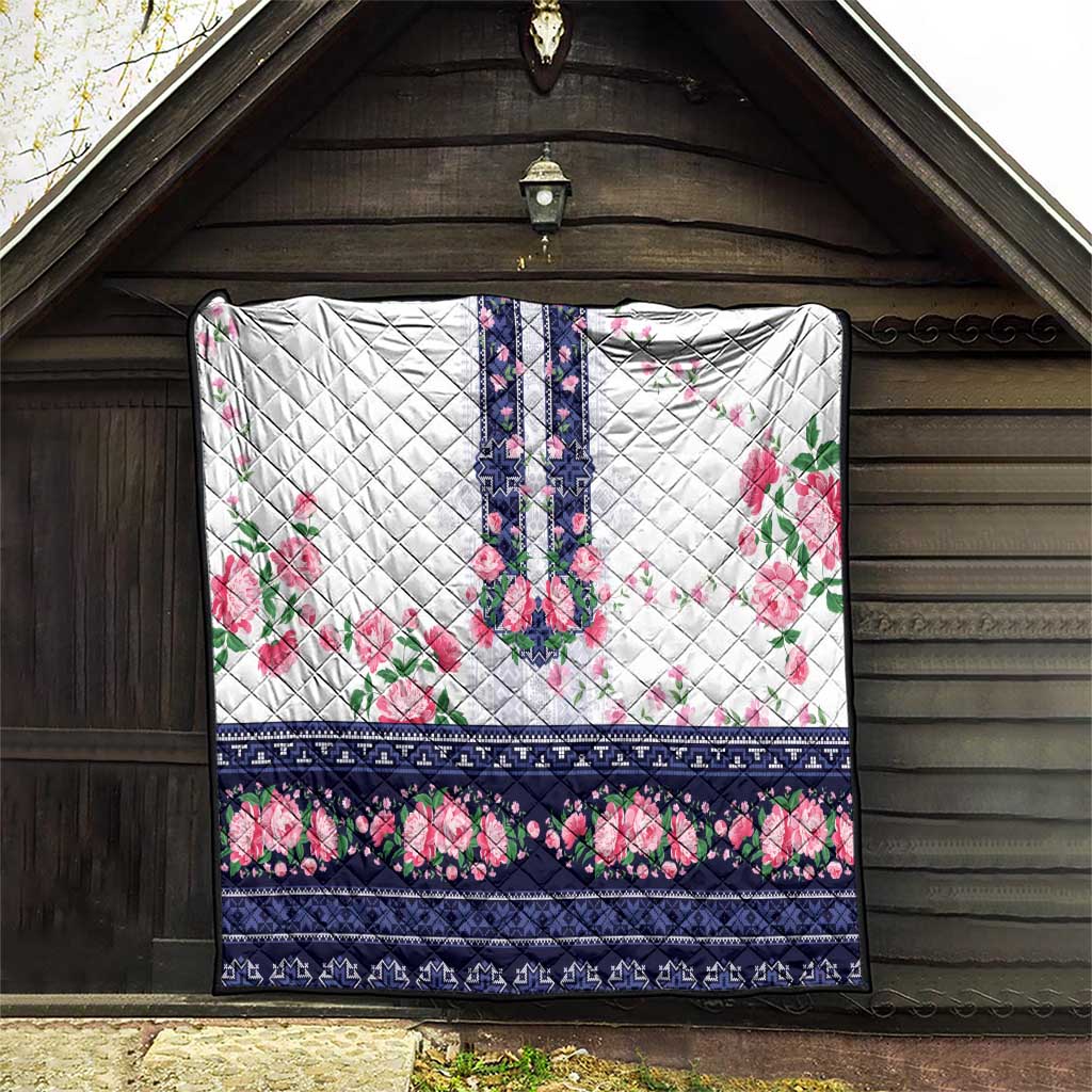 Navy Romanian National Costume Quilt Peony Flowers Traditional Folk Pattern - Wonder Print Shop