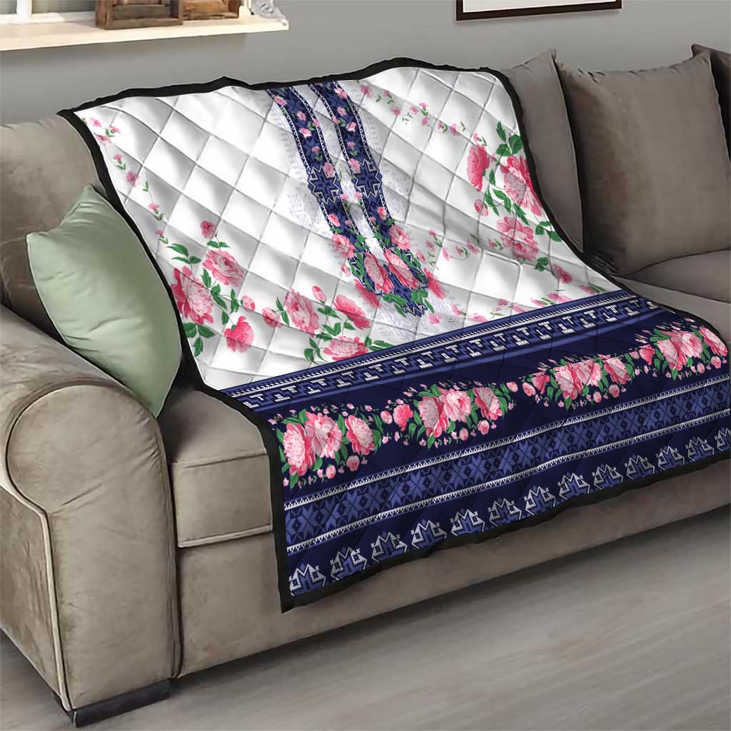 Navy Romanian National Costume Quilt Peony Flowers Traditional Folk Pattern - Wonder Print Shop