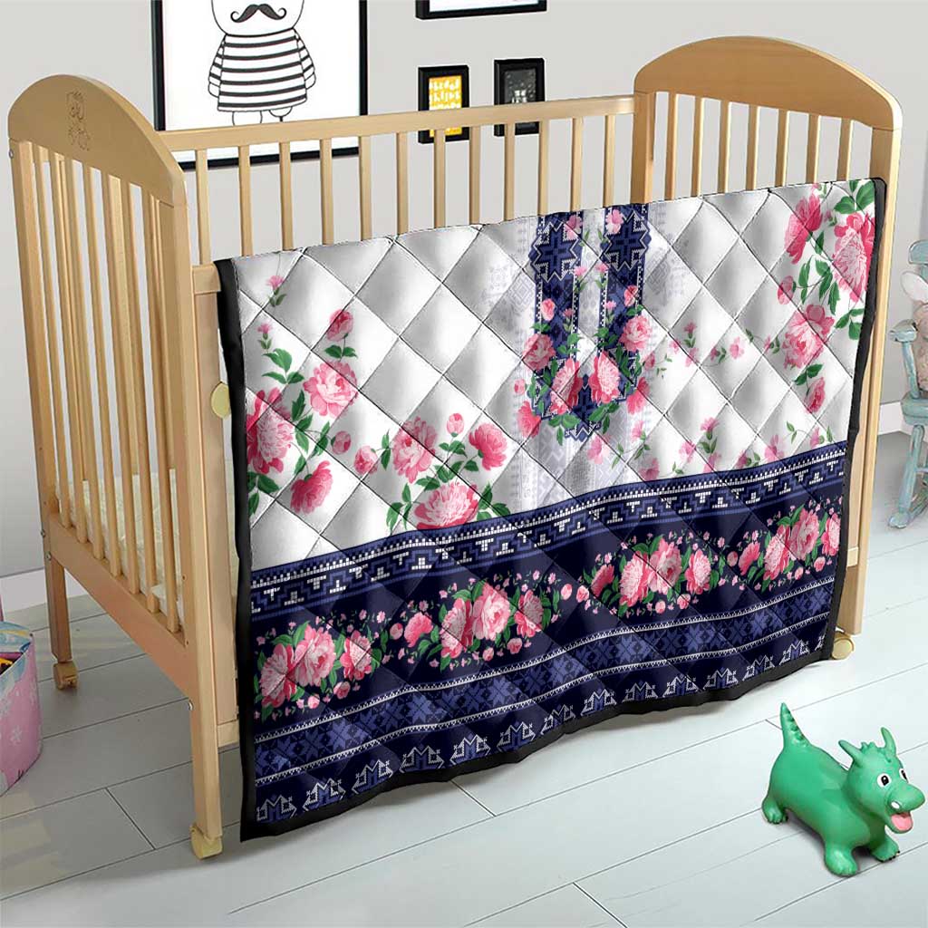 Navy Romanian National Costume Quilt Peony Flowers Traditional Folk Pattern - Wonder Print Shop