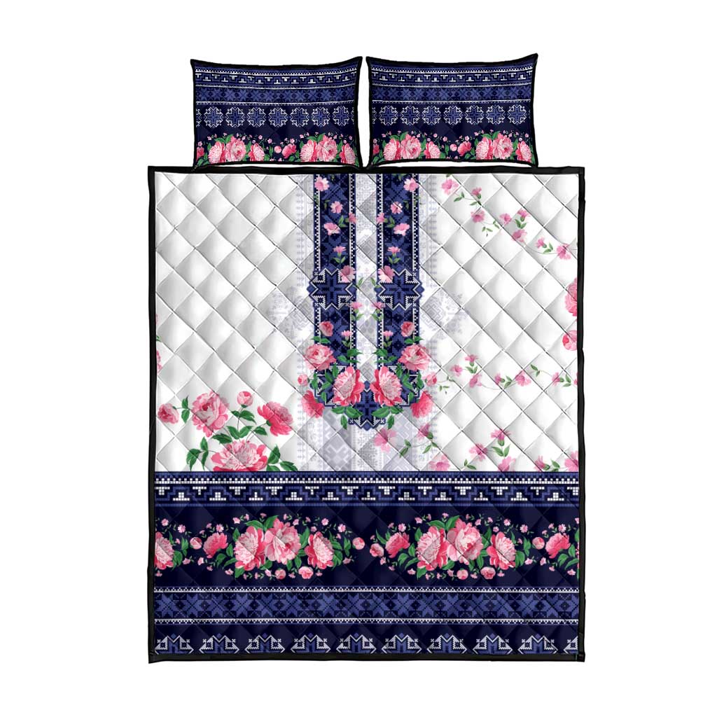 Navy Romanian National Costume Quilt Bed Set Peony Flowers Traditional Folk Pattern - Wonder Print Shop