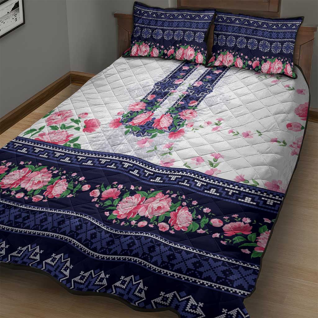 Navy Romanian National Costume Quilt Bed Set Peony Flowers Traditional Folk Pattern - Wonder Print Shop