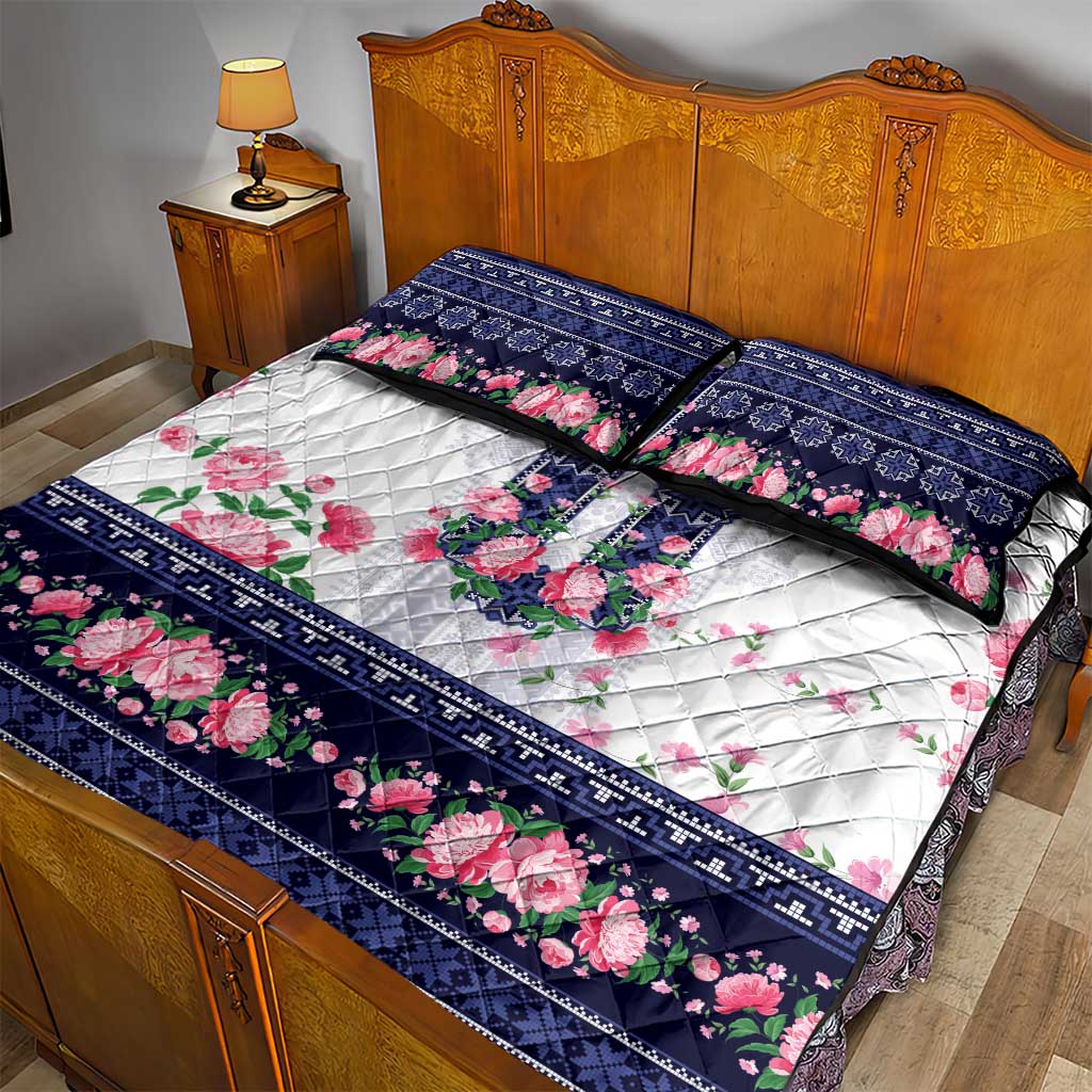 Navy Romanian National Costume Quilt Bed Set Peony Flowers Traditional Folk Pattern - Wonder Print Shop