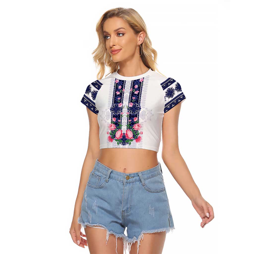 Navy Romanian National Costume Raglan Cropped T Shirt Peony Flowers Traditional Folk Pattern - Wonder Print Shop