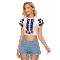 Navy Romanian National Costume Raglan Cropped T Shirt Peony Flowers Traditional Folk Pattern - Wonder Print Shop