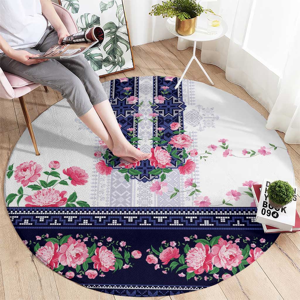 Navy Romanian National Costume Round Carpet Peony Flowers Traditional Folk Pattern - Wonder Print Shop